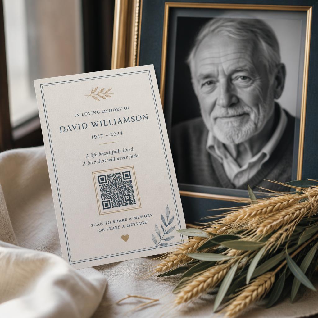 A printed QR memorial card beside a framed portrait